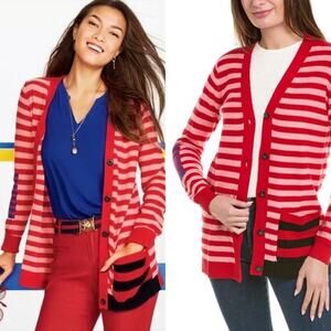 CAbi Picnic Cardigan Sweater Mixed Red Pink Black Blue Stripes‎ Size XS